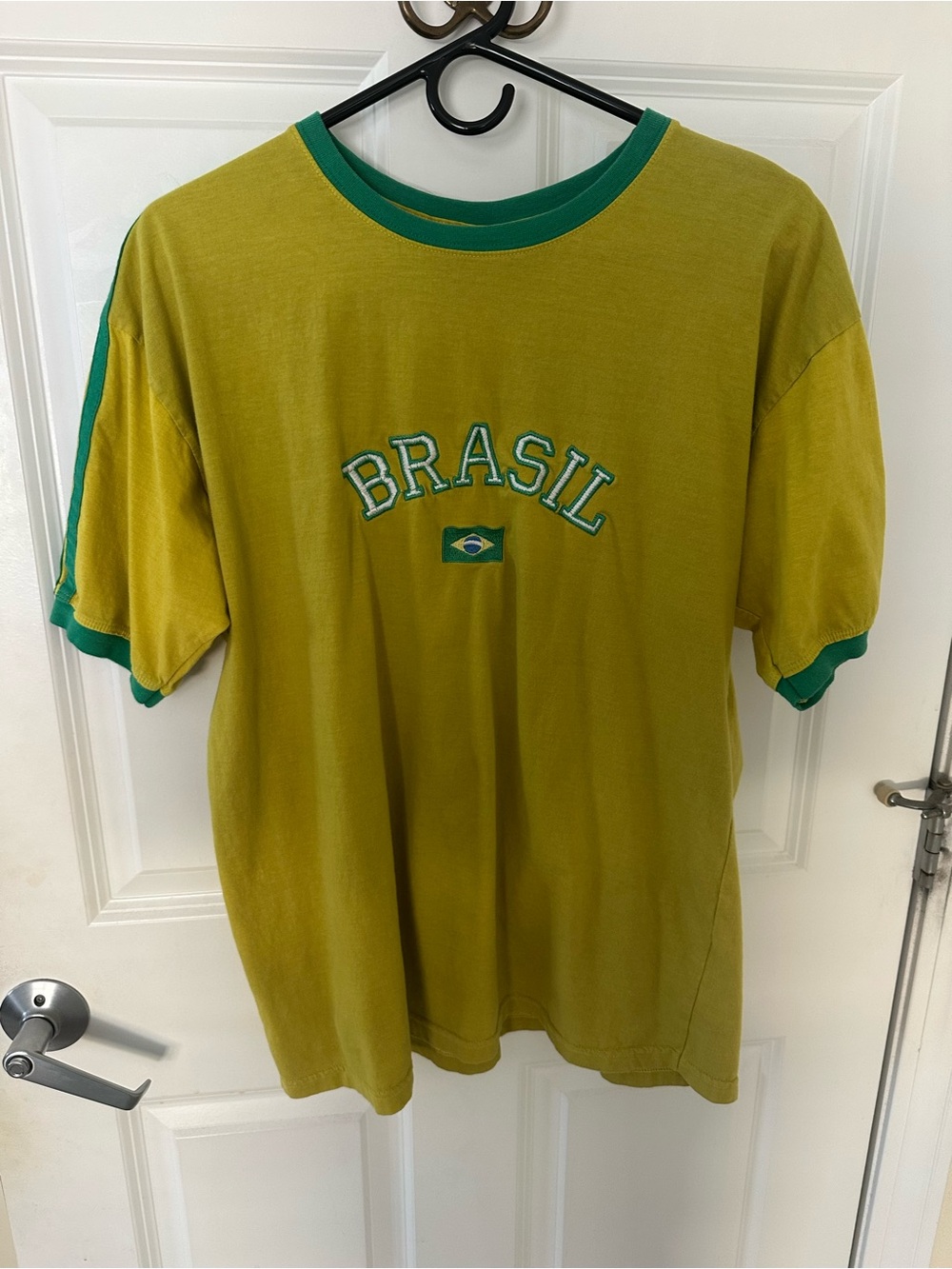 Vintage Brasil Flag Graphic Ringer Tee - Green/Yellow